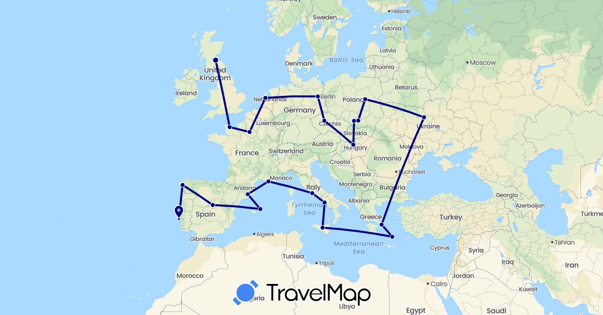 TravelMap itinerary: driving in Czech Republic, Germany, Spain, France, United Kingdom, Greece, Hungary, Italy, Netherlands, Poland, Portugal, Ukraine (Europe)